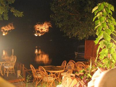 First (good!) Dalyan dinner, at fantastic Beyaz (Gul?) with views<br>of rock tombs across the river, lit at night.
