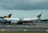 Thai Airways 747 with royal barge in Auckland
