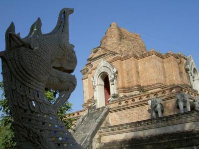 An ancient destoyed Chedi and Naga at Wat Chedi Luang