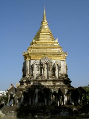 Square-based Chedi with the support of stone carved elephants of Wat Chiang Man