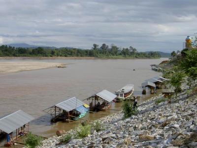 Boat park along the river of Mekong, Loas in opposite side