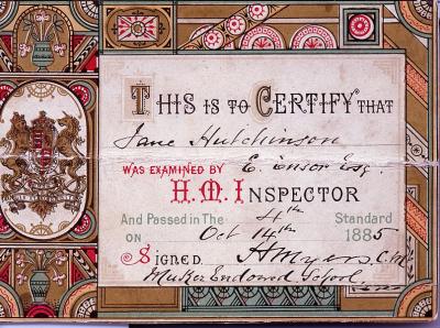 Jane Hutchinson School Certificate.