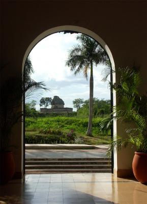 Chichen Itza: View of ancient Mayan observatory from Hotel Mayaland lobby