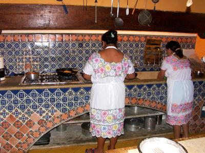 Preparing meal in beautiful tiled kitchen