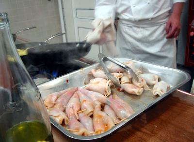 Stuffed squid (chipirons farcis) ready to cook