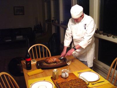 Karl carving the stuffed duck