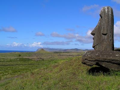 At the quarry moai face the sea, ready for transport