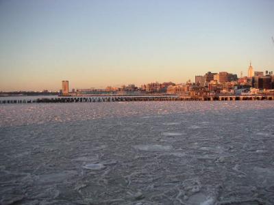 Looking uptown at a frozen Hudson, NY