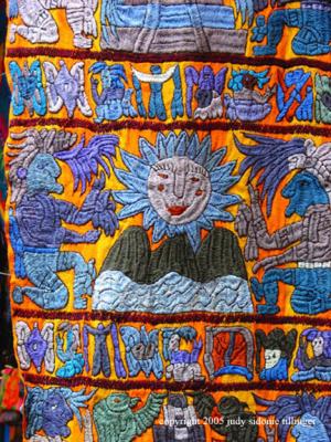 blue and yellow embroidery, chici, guatemala