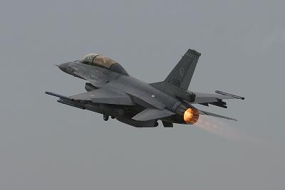 Netherlands Air Force F-16BM gets airborne on a gloomy departures day