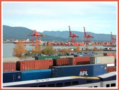 Container cranes in Vancouver harbour.