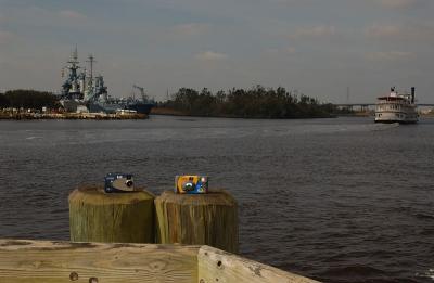 Leg 21_The cameras reflected back across the Cape Fear River at the USS North Carolina........
