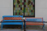 Blue and orange benches