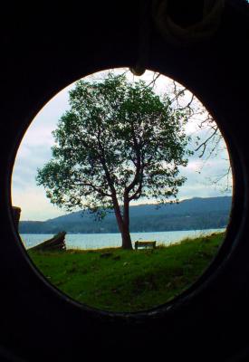 Through a hanging tire swing