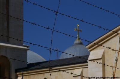 Christian church behind barbed wire in Old City, Jerusalem
