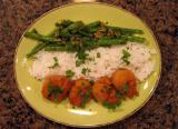 Seared Asian Scallops with rice and roasted garlic green beans