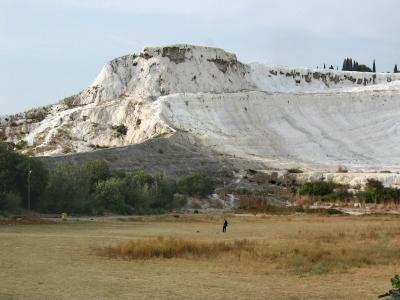 Our first view of Pamukkale and its white cotton cliff