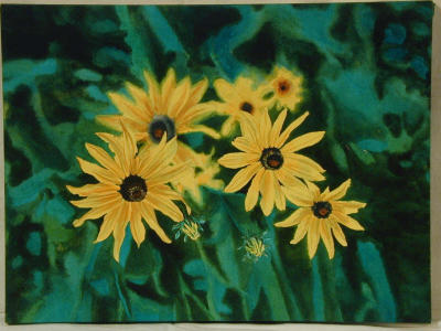 Painting framed in square box with painting continuing 
on side panels under the frame--12 x 16--with 1  1/4 side panals 
attached--signature near top of left hand side panel  1974