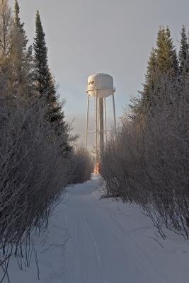 Moosonee's former water tower from a snowmobile trail