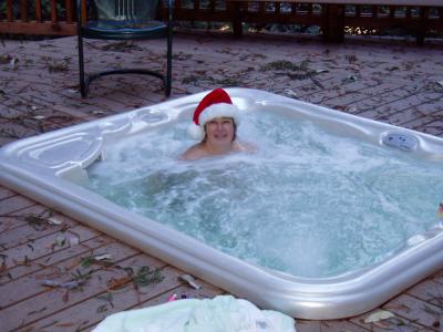 Cathy celebrates with a well deserved jacuzzi