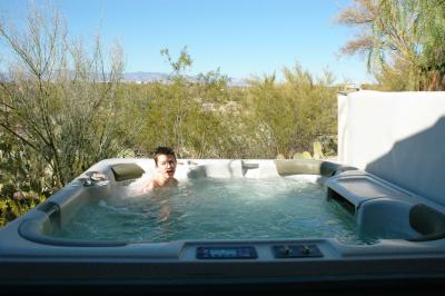 Garrett in the hot tub - note our back view