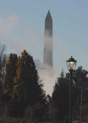 I told you it was cold!  This was taken from the ice skating rink.  You can see the Washington Monument in the background.  In reality, I think this is steam escaping from a vent.  
