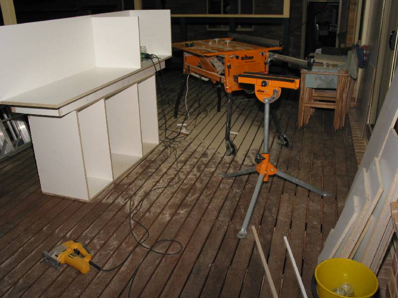 building bathroom vanity on the deck