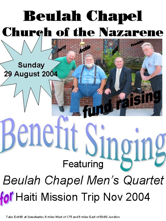 Beulah Chapel Mens Quartet singing flyer