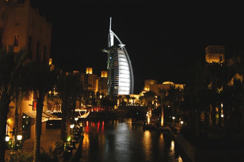 Burj Al Arab from the bridge to the main entrance of the Souq Madinat Jumeirah