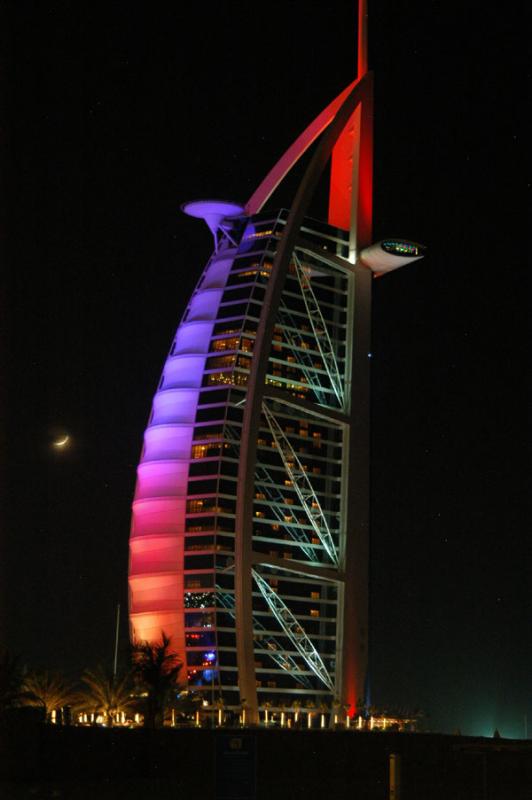 Changing colored lights on the Burj