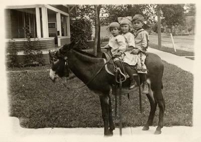 Dad, Jean, and Parker on donkey, 1917 (61)