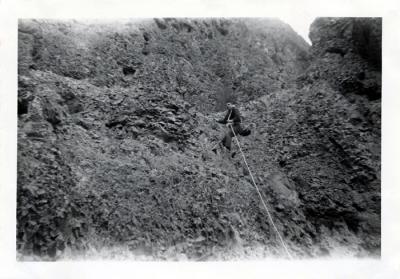 Jim climbing on the basalts of the coulee, 1960 (235)