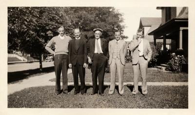 Ely, Hube, Grandpa Adams, Bert and Guy at 1004 Baldwin house, 1936 (351)