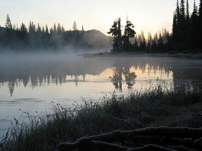 Frost and Fog on Reflection Lake Before Sunrise
