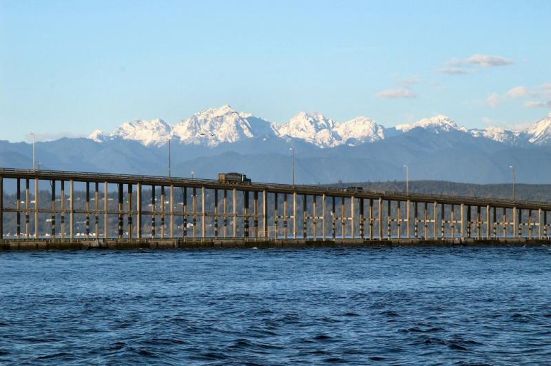 Hood Canal Bridge with Olympic Mountains.