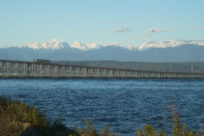 Wide View of Hood Canal Bridge wtih Olympic Mountains.