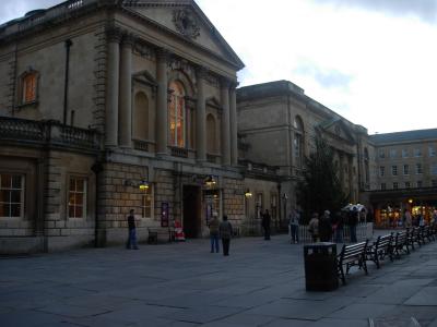 The entrance to the Roman Baths, at left, and the Pump Room, at right.