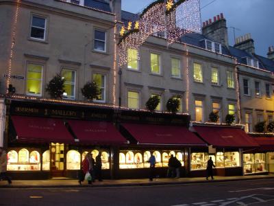 Shops in Bath's downtown, decorated for Christmas.