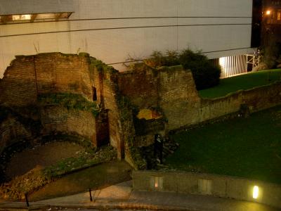 A preserved section of the ancient city wall, seen from near the Museum of London.