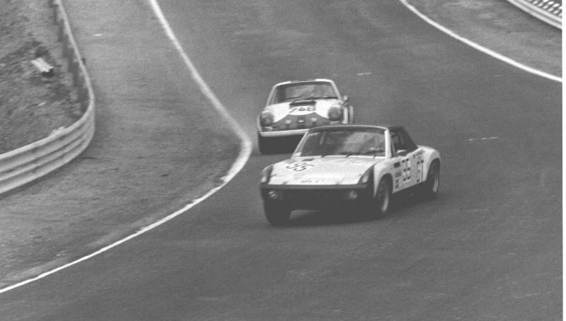 The 15th place  95 914-6 GT of Steckkonig-Schmied leads a 911S at the ADAC 1000 Kms of the Nurburgring - 1971