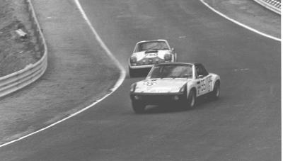 The 15th place 95 914-6 GT of Steckkonig-Schmied leads a 911S at the ADAC 1000 Kms of the Nurburgring - 1971