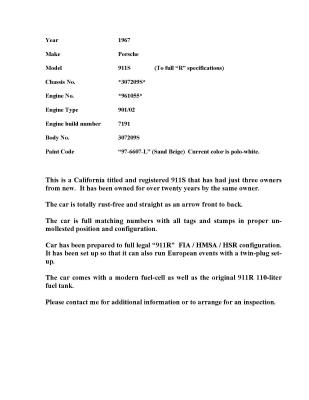 1967 Porsche 911S R Clone - Spec Sheet