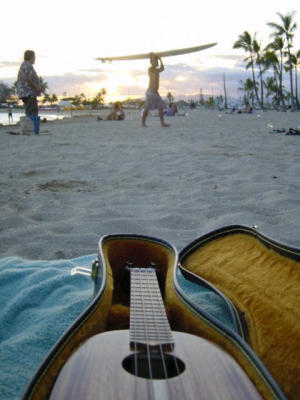 My new pinapple Uke on beach at sunset