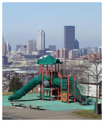 Child's Eye View? (skyscraper, playground, children, colorful)