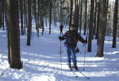 Jim x-country skiing behind the condo.