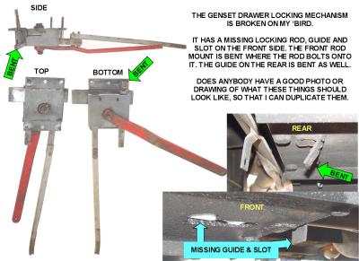 GENSET LOCKING MECHANISM, THE HOLE AT THE ABOVE ARROW SHOWING A MISSING PART IS THE OIL DRAIN HOLE
