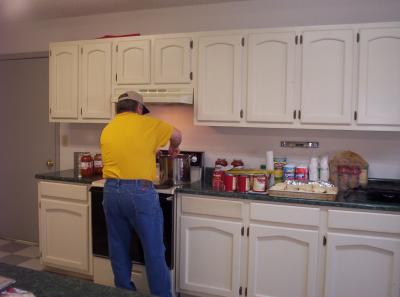 Dave was in charge of the team re-painting the trim on the church (right across the street from where I was) so he made frequent trips to check in and say hi to me.  He was a great Cook's Helper when he had the time, helping me stir this or that, take out the trash, wipe counters, etc.