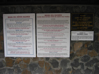 Incredible warnings about travelling to the summit of Mauna Kea. I like the invisible cows remark. Click on original image.