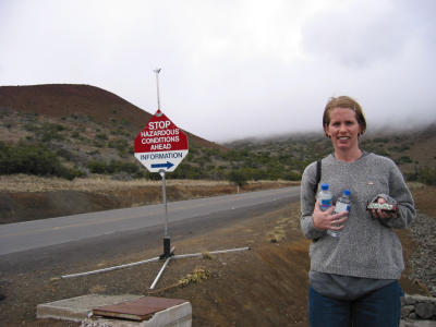 Chelle has her Milky Way chocolate bar and two bottles of water, which are much needed at altitude.