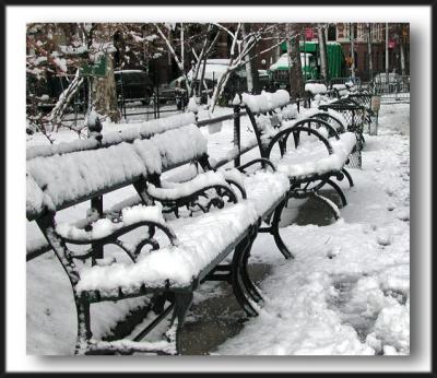 park benches in snow